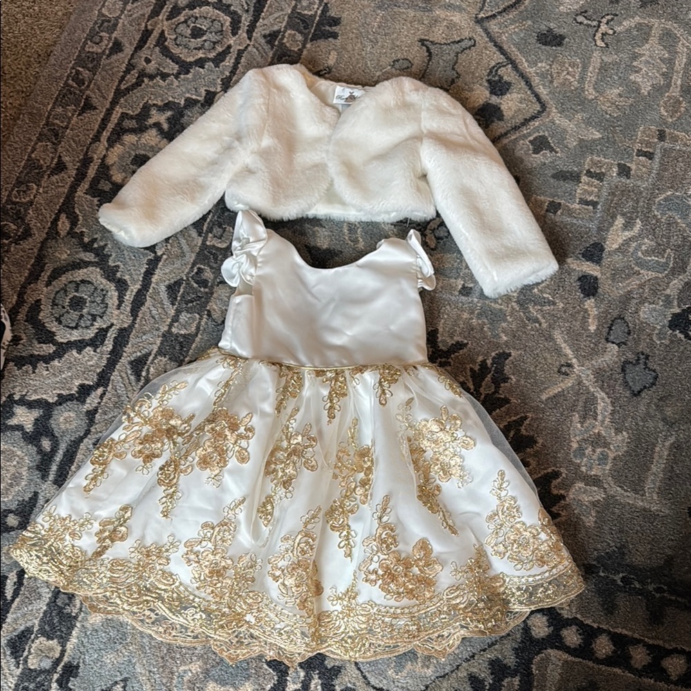 Elegant White and Gold Dress with Faux Fur Jacket-rare editions